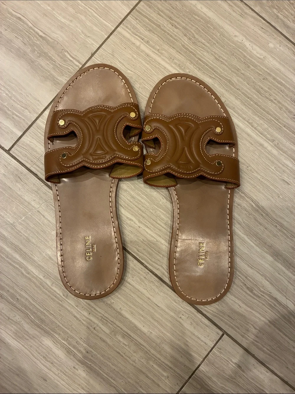 Celine Tan Brown Leather Slide Sandals, size 38 - Picture 1 of 3
